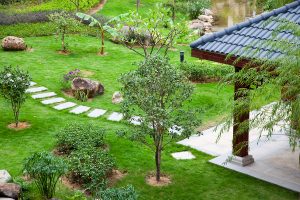 Gazebo and footpath landscaping in a beautiful garden